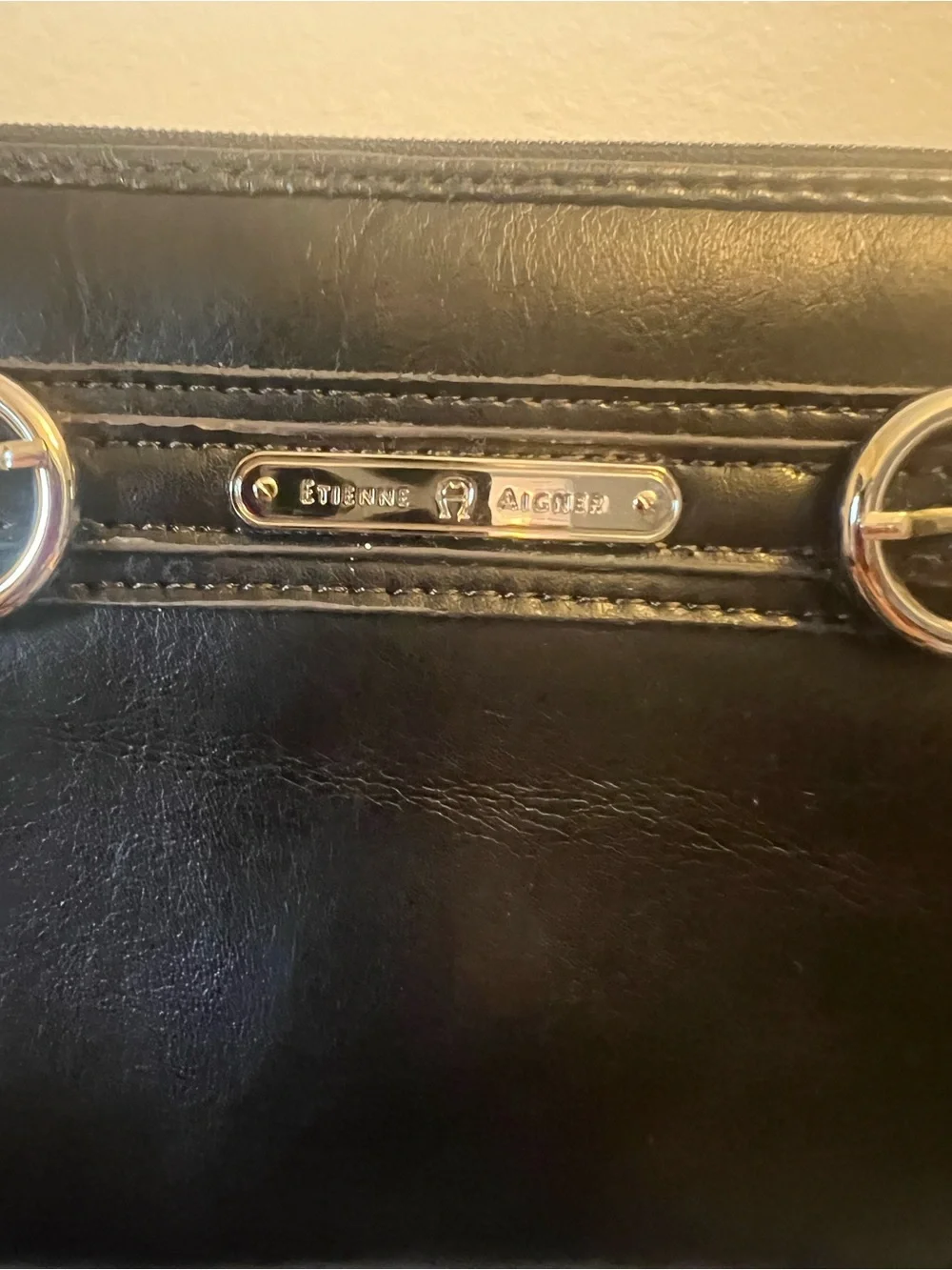 Etienne Aigner Black Leather Zip-Around Wallet with Gold Accents